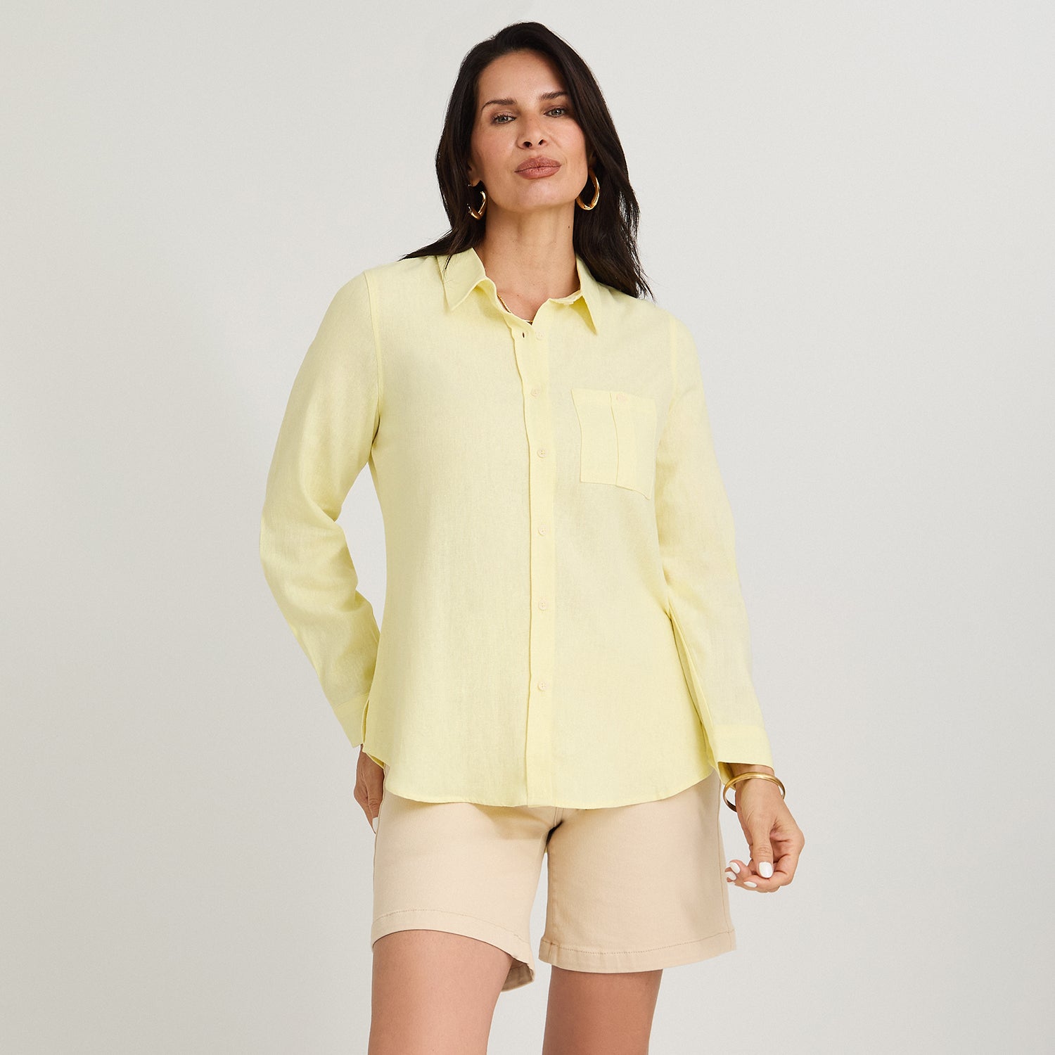 Blusa de Lino Manga Larga Abotonada Amarillo